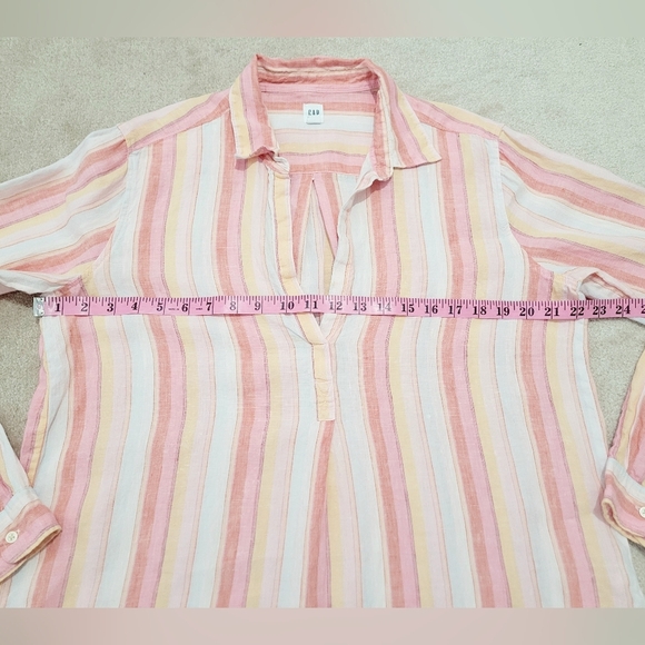 GAP Women’s Popover 100% Linen  Tunic Blouse Pink Multi Stripe Long Sleeve Large - Picture 8 of 11